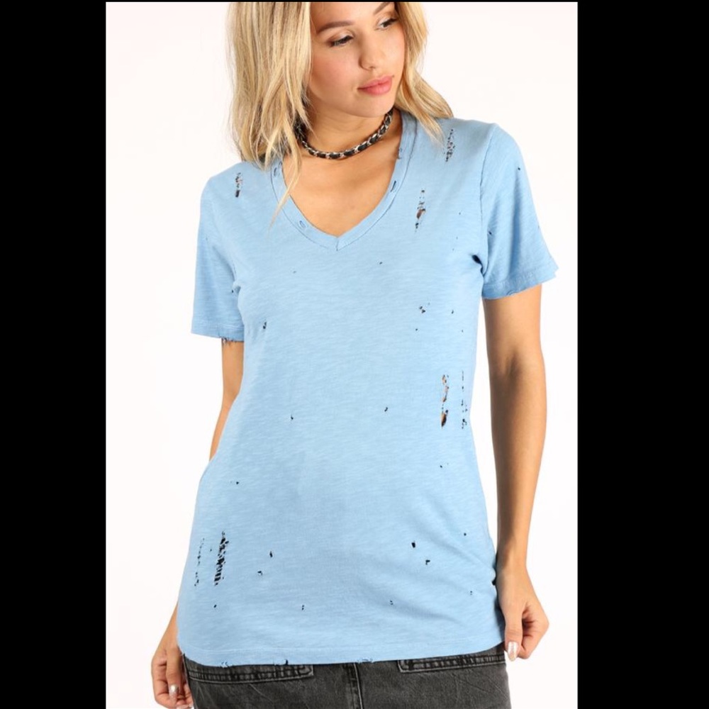 V-NECK BLUE DISTRESSED EDGY TEE